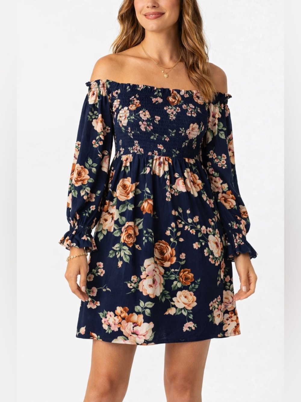 Xhilaration Navy Blue Floral Long Sleeve Dress - Picture 2 of 13